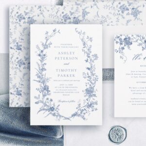 Elegant French Vintage Blue Floral Wedding Invitation for Timeless Romance