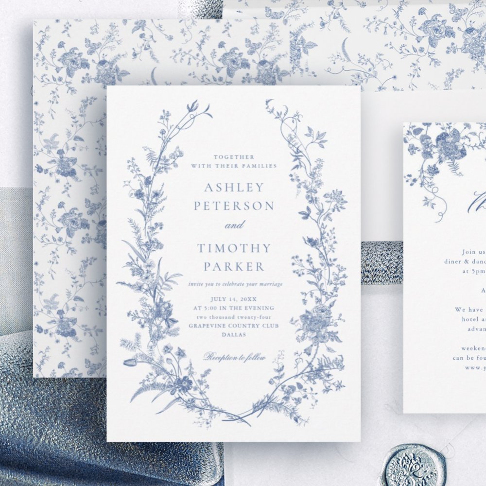Elegant French Vintage Blue Floral Wedding Invitation for Timeless Romance - Image 3