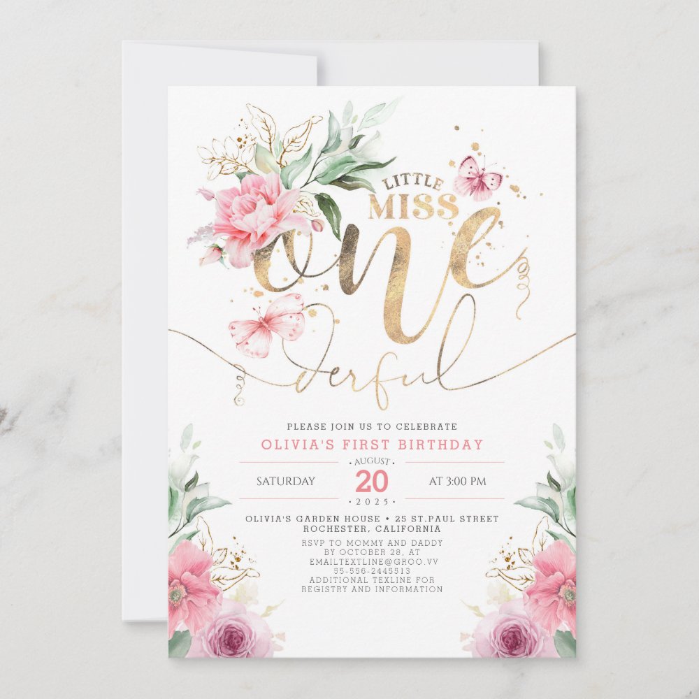Modern Wildflower 1st Birthday Invitation – Chic Script Floral First Birthday Party Invite for Girls - Image 3