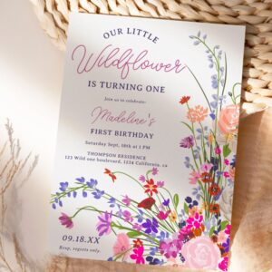 Modern Wildflower 1st Birthday Invitation – Chic Script Floral First Birthday Party Invite for Girls