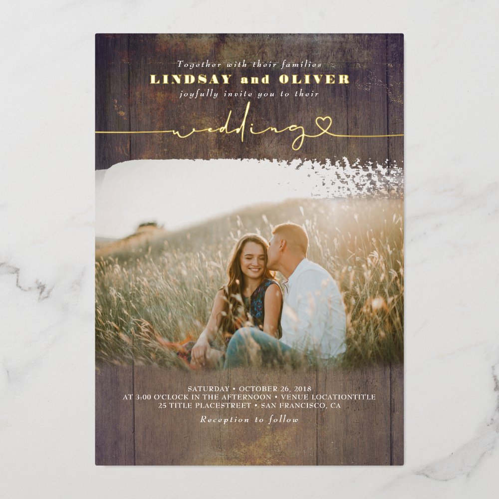 Rustic Wood Country Wedding Invitation – Foil Accent Photo Card for Barn or Outdoor Weddings - Image 3