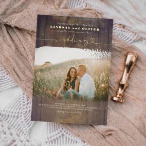 Rustic Wood Country Wedding Invitation – Foil Accent Photo Card for Barn or Outdoor Weddings