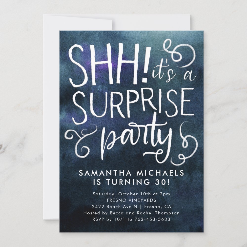Surprise Birthday Party Invitation – Navy Blue Watercolor Adult Birthday Invite with Elegant Design - Image 2
