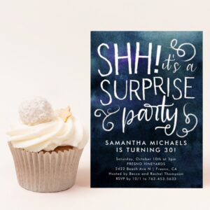 Surprise Birthday Party Invitation – Navy Blue Watercolor Adult Birthday Invite with Elegant Design
