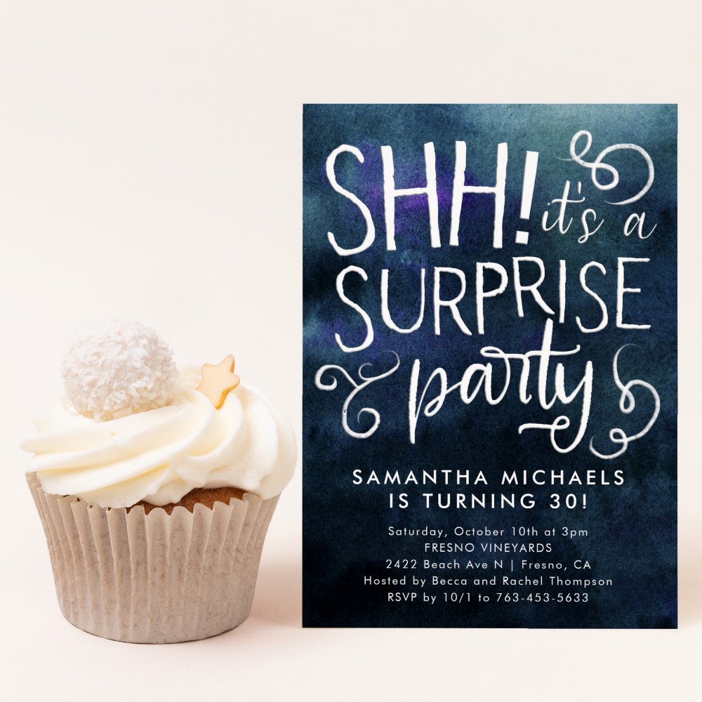 Surprise Birthday Party Invitation – Navy Blue Watercolor Adult Birthday Invite with Elegant Design
