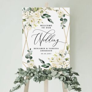 Welcome to Our Wedding Floral Gold Geometric Sign with Elegant Botanical Design